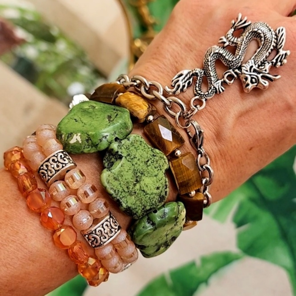 Bracelets Set Stacking Natural Hawolite Tiger Eye Stone Silver Dragon